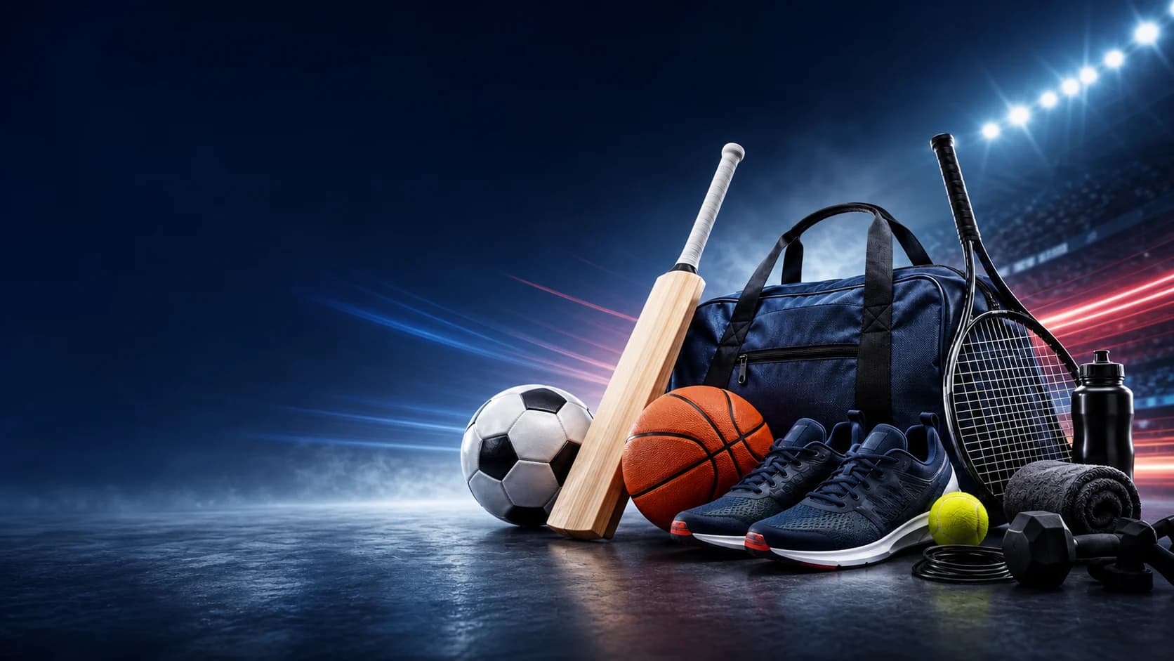 Cricket, football, basketball, tennis, running, and fitness equipment